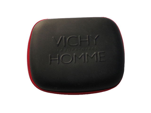 VICHY hard cosmetic travel case leather coated with embossed logo elastic band inside custom design
