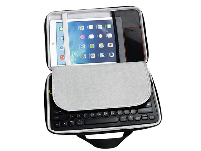 Multi-Device Keyboard Travel case black PU leather rectangle large size molded EVA lycra flap